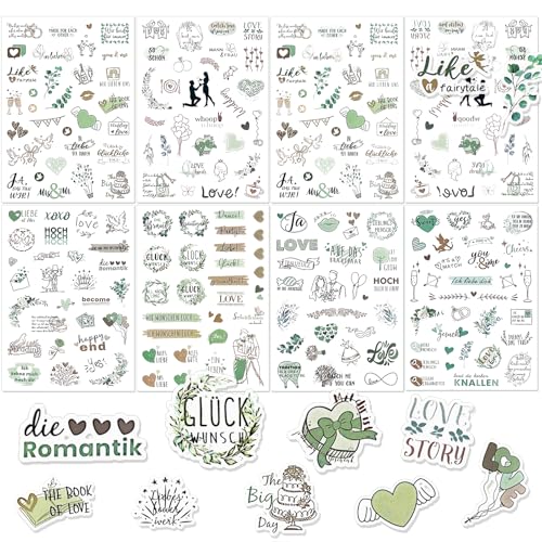 Deepton Sticker Hochzeit Gästebuch – Hochzeitsaufkleber für Fotoalbum, Scrapbook & Bullet Journal (230 Motive), 8 Blatt Vintage Aufkleber mit Eukalyptus Design, Hochzeitsdeko (Gold-Grüne Sticker) von Deepton
