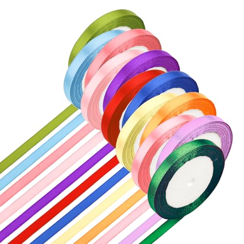 Deepton12 Farben Schleifenband, 10mm×23m Bunt Satinband, Regenbogen Geschenkband, Ribbon zum Basteln, Stoffband, Satinbänder, Dekoband für Geschenkeverpackung DIY Blumenstrauß Party Deko von Deepton