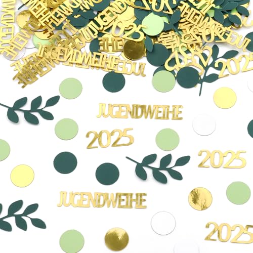 200 Stück Jugendweihe Deko, 2025 Deko Jugendweihe mit Blätter und Punkte Motive, Konfetti Groß Streudeko Gold Grün für Junge & Mädchen von Deepton