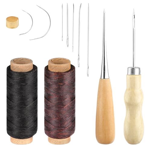 Ledergarn Ledernadel Set, Leder Nähset, 2 Rollen Reißfestes Garn mit Sattlernadel, 100m Leder Faden Wachsfaden mit Nähnadeln Nähahle, Leder Werkzeug für Lederhandwerk, DIY Sewing, Reparieren von Deepton