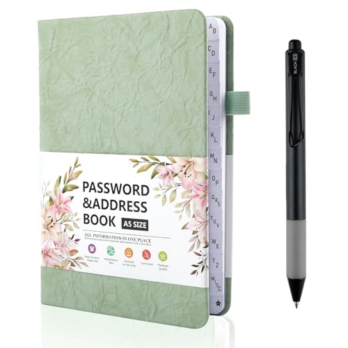Deepton Passwort Buch, Passwortbuch mit Register A-Z, Notizbuch mit Register A5, Organizer für Websites, Benutzernamen und Passwörtern, Platz für 480 Passwörter, mit Gelstifte, Grün von Deepton