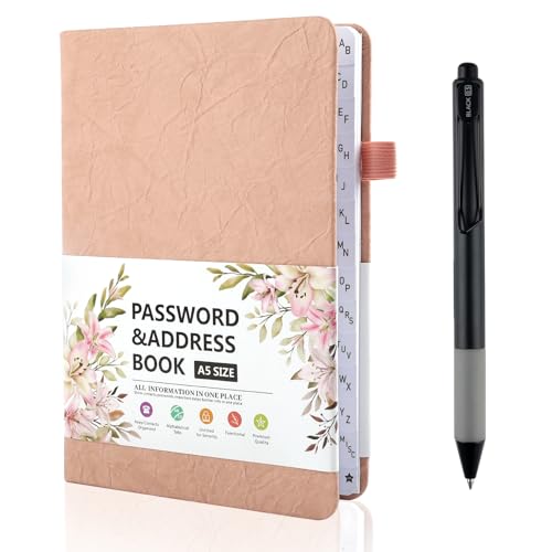 Deepton Passwort Buch, Passwortbuch mit Register A-Z, Notizbuch mit Register A5, Organizer für Websites, Benutzernamen und Passwörtern, Platz für 480 Passwörter, mit Gelstifte, Rosa von Deepton