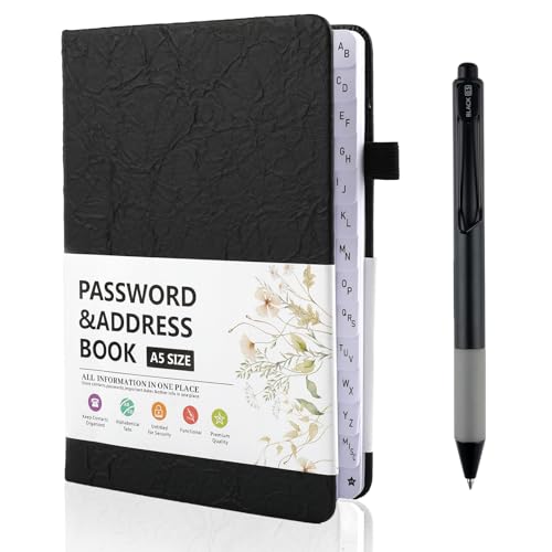Deepton Passwort Buch, Passwortbuch mit Register A-Z, Notizbuch mit Register A5, Organizer für Websites, Benutzernamen und Passwörtern, Platz für 480 Passwörter, mit Gelstifte, Schwarz von Deepton