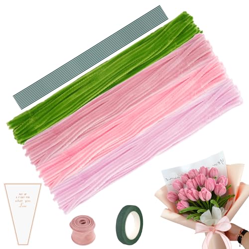 Blumenstrauß Pfeifenreiniger, Pfeifenputzer zum Basteln, Basteldraht, Verpackungsbeutel, Geschenkband, Klebeband DIY Pfeifenreiniger Blumen-Set (Pink) von Deepton