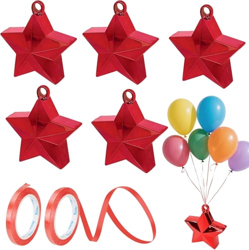 6 Stück Ballongewicht mit Band, Schwarz Stern Folie Helium Ballongewichte für Geburtstage, Partys, Hochzeiten, Tischdekorationen und Feiern (Rot) von Defresit