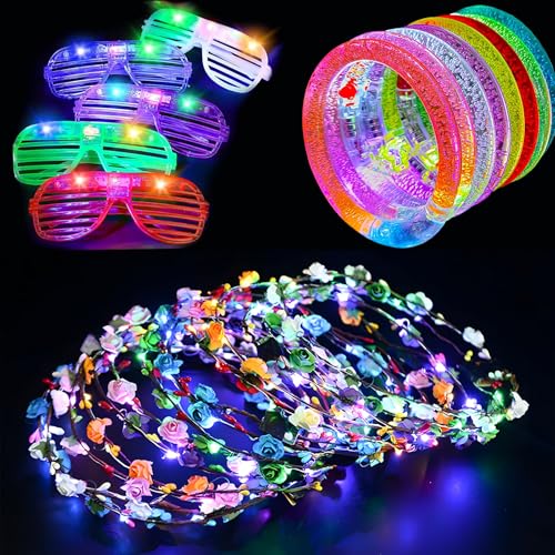 8 x LED-Blumenkronen/LED-Blumen-Haarbänder, 8 x blinkende Partybrillen/futuristische LED-Brille, 16-teiliges LED-Armband-Set, leuchtet im Dunkeln, LED-Armbänder für Weihnachten, Halloween, beleuchtete von Defresit