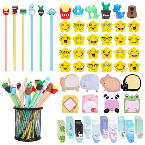 Defresit Funky Stationery 25 Bleistifte und 30 magnetische Lesezeichen, 25 Haftnotizen, 25 Radiergummis, 105 Stück Funky Bleistifte, magnetisches Set, Partytütenfüller, Klassengeschenke und von Defresit