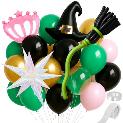 Grüner rosa Partyballon, Luftballonbogen-Set für Hexen-Mottoparty, 160 Stück Grün, Rosa, Schwarz, Weiß, Gold, Rosa Krähe, Hexenhut, Explodierender Stern und Besen Luftballons für Dekoration von Defresit
