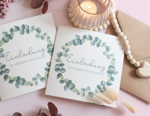 Dein Gastgeschenk - Einladungskarte Eukalyptus - zur Konfirmation, Kommunion für Mädchen oder Junge - quadratische Klappkarten inkl. Umschlag (15 Stück) von Dein Gastgeschenk