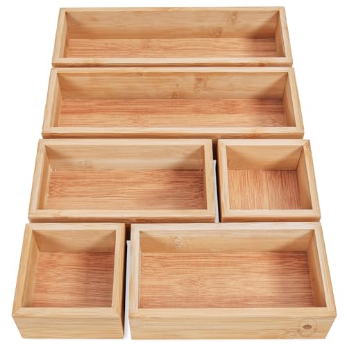 DeinKaufladen.com 6er Set Aufbewahrungsbox Holz Organizer – praktische und flexible Bambus Box - Schubladen Box Sortierbox Sortierkasten Kosmetik Aufbewahrung Ordnungsbox Holzboxen Holzkasten von DeinKaufladen.com