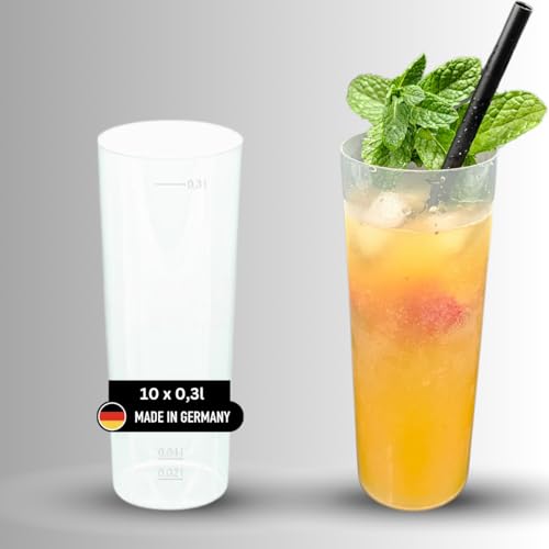 10 Longdrinkbecher | Mehrwegbecher 300ml Made in Germany | Getränkebecher mit Eichstrich | wiederverwendbar | Transparent aus PP | Trinkbecher 0,3l | Bierbecher | Partybecher von DeinPack