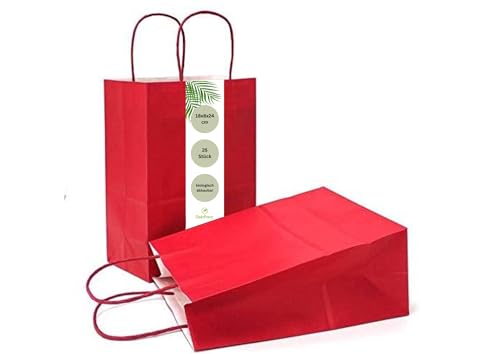 DeinPack Papiertüten aus Kraftpapier, Papiertüten mit Henkel, Geschenkverpackung, Geschenktüten, Gastgeschenke Tüten, Mitgebseltüten, Geschenktüten Set - Rot 25 x rote Papier Tüten 18 x 8 x 24 cm von DeinPack