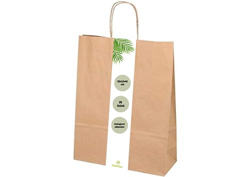 DeinPack Umweltschonende Papier Tragetaschen groß I Papiertüten Geschenktüten Papiertragetaschen biologisch abbaubar, kompostierbar I 25 x braune Papier Tüten 32 x 12 x 41 cm von DeinPack