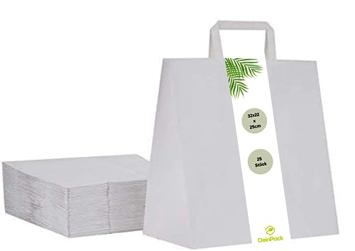 DeinPack Umweltschonende Papier Tragetaschen groß I Papiertüten Geschenktüten Papiertragetaschen biologisch abbaubar, kompostierbar I 25 x weiß Papier Tüten 32 x 22 x 25 cm von DeinPack