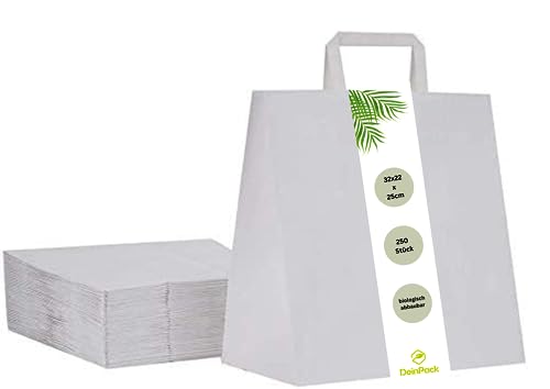 DeinPack Umweltschonende Papier Tragetaschen groß I Papiertüten Geschenktüten Papiertragetaschen biologisch abbaubar, kompostierbar I 250 x weiß Papier Tüten 32 x 22 x 25 cm von DeinPack