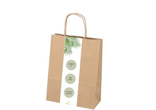DeinPack Umweltschonende Papier Tragetaschen klein I Papiertüten Geschenktüten Papiertragetaschen biologisch abbaubar, kompostierbar I 400 x braune Papier Tüten 18 x 8 x 24 cm von DeinPack