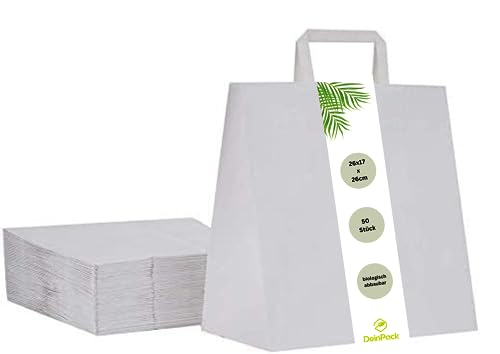 DeinPack Umweltschonende Papier Tragetaschen weiß I Papiertüten Geschenktüten Papiertragetaschen biologisch abbaubar, kompostierbar I 50 x weiß Papier Tüten 26 x 17 x 26 cm von DeinPack