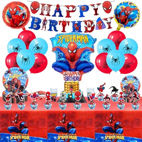 Dekewe 92 Stück Geburtstag Deko mit Spider, Super Partygeschirr Set Kindergeburtstag Deko Enthält Teller Becher Tischdecke Cake Topper Luftballons Banner,Party Geschirrset für 10 Personen von Dekewe