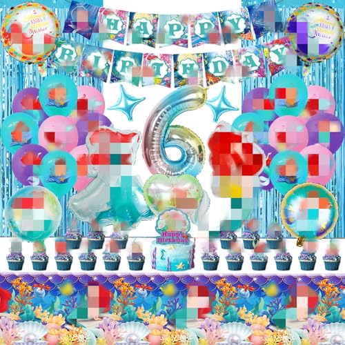 Meerjungfrau Geburtstags Deko für Mädchen 6 Jahre, Jungen Mädchen Kinder Geburtstag Dekorationen Set enthält alles Gute zum Geburtstag Banner Cake Topper Ballon Dekorationen Tischdecken von Dekewe