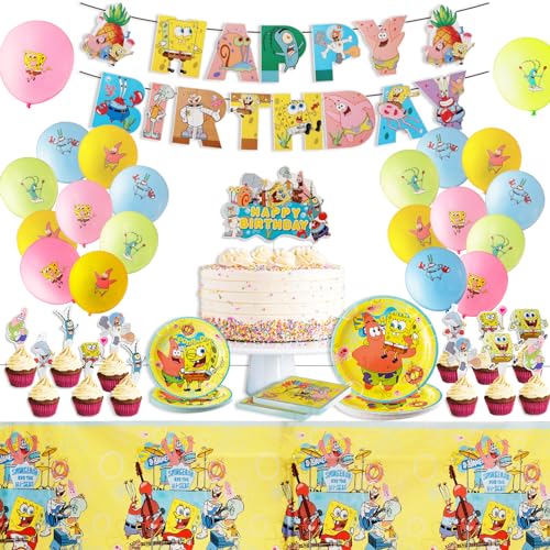 tortendeko 75 Pcs Sponge Gebutstag Deko Partygeschirr,Geburtstag Party Set,Bob Cartoon Geschirr mit Luftballons,Tellers,Serviettes,Kindergeburtstag Deko Geschirr für Junge Mädchen party Dekorationen von Dekewe