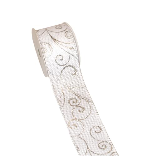 Leinenstrukturband mit Ranken ca. 50mm Breite - 10m Länge Weihnachtsband Dekoband Schleifenband Geschenkband Weihnachten - 67805 (001 weiß-silber) von Deko AS GmbH
