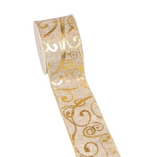 Leinenstrukturband mit Ranken ca. 50mm Breite - 10m Länge Weihnachtsband Dekoband Schleifenband Geschenkband Weihnachten - 67805 (030 natur/beige-gold) von Deko AS GmbH