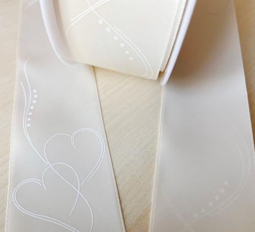 Satinband Herzband Hochzeitsband creme 02 mit weißem Herzdruck Dekoband 14701 (Creme/Herzen weiß, 25mm breit, 25m lang) von Deko AS GmbH
