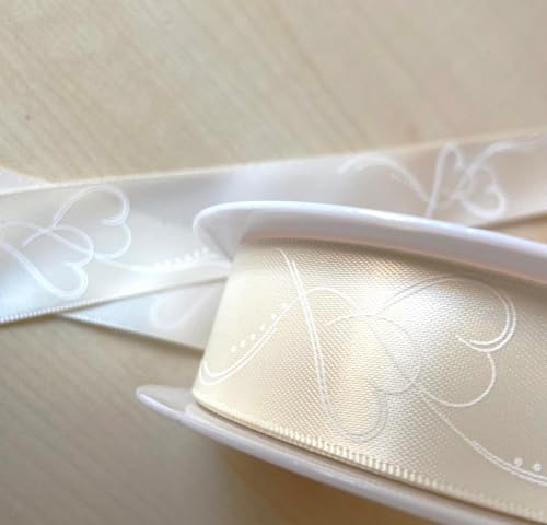 Satinband Herzband Hochzeitsband creme 02 mit weißem Herzdruck Dekoband 14701 (Creme/Herzen weiß, 40mm breit, 25m lang) von Deko AS GmbH