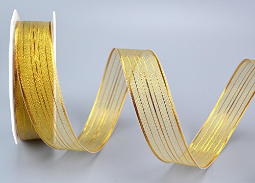 Dekoband „ Munich“ Gold 20 m x 25 mm Rolle (0,93€/m) glänzend transparent Schleifenband gestreift Geschenkband formstabil mit Draht Drahtkantenband Weihnachten metallic von Deko Angels
