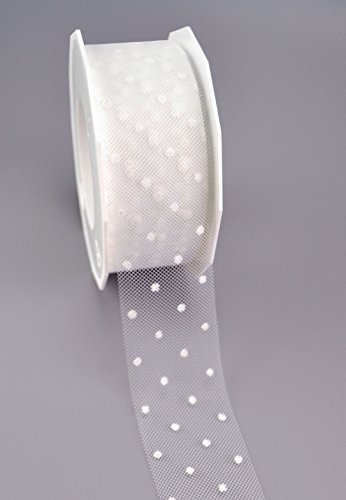 Dekoband „Bridal Dots“ 25 m x 40 mm Weiss Tüllband gepunktet transparent Geschenkband Tüll mit Punkte Netzband Hochzeit Wedding Schleifenband von Deko Angels