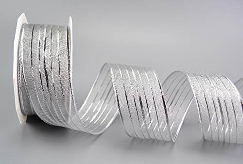 Dekoband Munich SILBER 20 m x 40 mm transparent Schleifenband gestreift Geschenkband mit Draht Streifen Drahtkantenband Weihnachten christmas ribbon metallic von Deko Angels