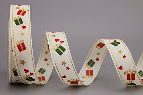 Dekoband Weihnachten Geschenk Creme/Rot/Grün 20 m x 25 mm (Rolle) Schleifenband mit Draht Stoffband bedruckt Geschenkband von FINEMARK von Deko Angels