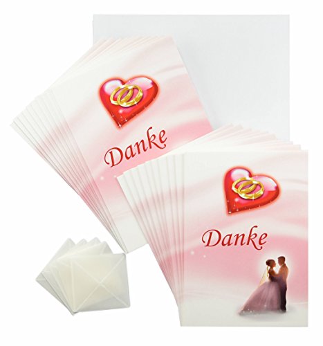 Hochzeit Dankeskarten 20 Stück rosa rot weiß im Set. Erst Hochzeit feiern und dann Danke sagen. 20 Dankekarten, 20 weiße Umschläge, 20 Fotoecken mit Foto selber gestalten (20 St. Dankeskarten) von Deko-Schulze