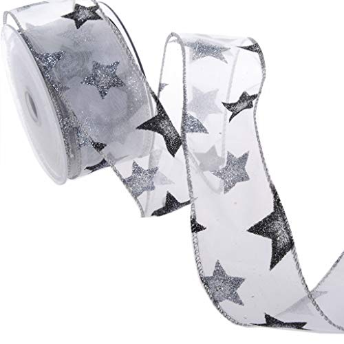 Glitzersternenband mit Drahtkante - Weihnachtsband - Schleifenband - Geschenkband - Sterne - Glitzer - Silber - Dekoband - Schwarz - 50mm - 10m - 8280 94 von Deko und Band