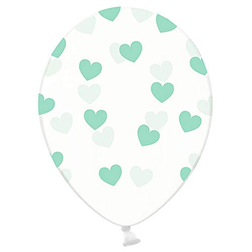 6 Stück Strong Luftballons in Transparent mit Minze Herzen 30cm Partyzubehör von DekoHaus