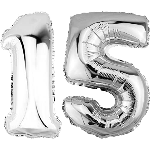DekoRex Folienballon Silber 40cm Geburtstag Jubiläum Hochzeit Deko (Zahl 15) von DekoRex