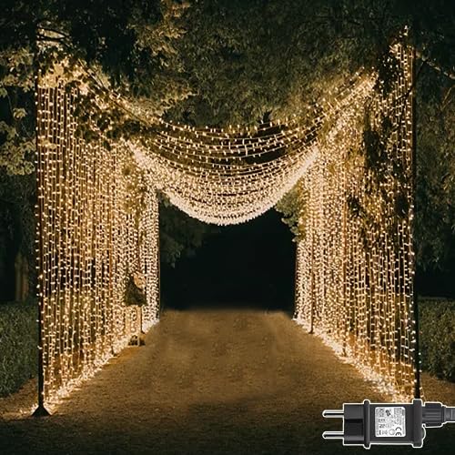 Dekofun Lichtervorhang 600 LED 6m x 3m Lichterkette Vorhang mit Stecker, Timer, 8 Modi Wasserdichte Lichterketten Vorhang für Außen Innen Weihnachten Hochzeit Fenster Garten Wand Deko - Warmweiß von Dekofun