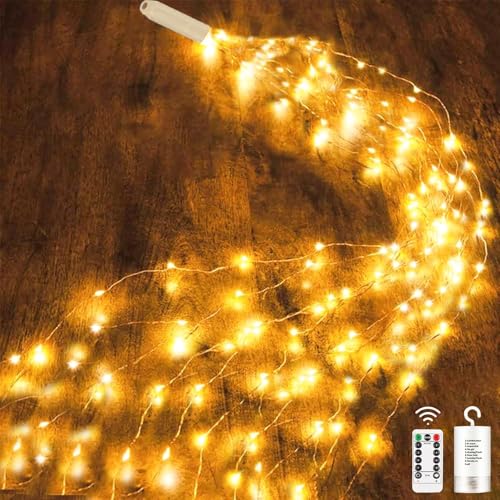 Dekofun Lichterschweif 2M 200 LED Weihnachtsbeleuchtung mit Batterie, Timer, Fernbedienung, Lichterstrang 8 Modi Wasserfall Lichterkette Wasserdicht Lichterbündel für Weihnachten Außen Innen Deko von Dekofun