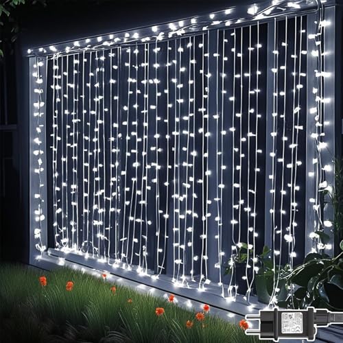 Dekofun Lichterketten Vorhang 300 LED 3m x 3m Lichtervorhang Aussen mit Stecker, Timer, 8 Modi Wasserdichte Lichterkette Gardine für Außen Innen Hochzeit Fenster Garten Deko - Kaltweiß von Dekofun