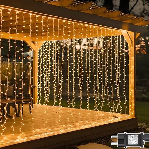 Dekofun Lichterketten Vorhang 300 LED 3m x 3m Lichtervorhang Aussen mit Stecker, Timer, 8 Modi Wasserdichte Lichterkette Gardine, Lichterkette Wand für Außen Innen Hochzeit Fenster Garten Deko von Dekofun