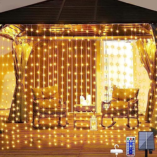 Dekofun Solar Lichterkette Vorhang 300 LED 3 x 3m Solar Lichtervorhang Aussen mit Fernbedienung, 8 Modi Und Timer, IP65 Wasserdicht Solar Lichterketten Vorhang für Terrassen Wand Garten Outdoor Deko von Dekofun