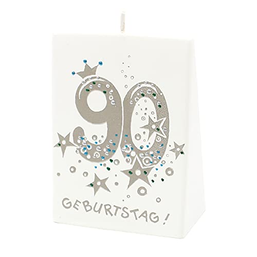 Dekohelden24 Hochwertige Geburtstagskerze zum 90. Geburtstag, handgemacht und handbemalt, L/B/H 9 x 5 x 12 cm. von Dekohelden24