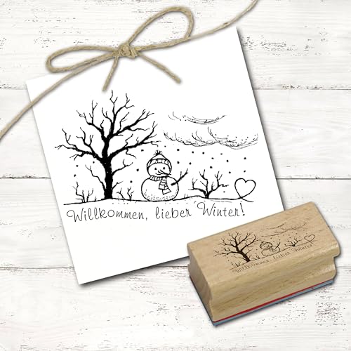 Dekolando Motivstempel Willkommen, lieber Winter - Stempel Schneemann Natur Holzstempel - Abdruck 58 x 38 mm von Dekolando