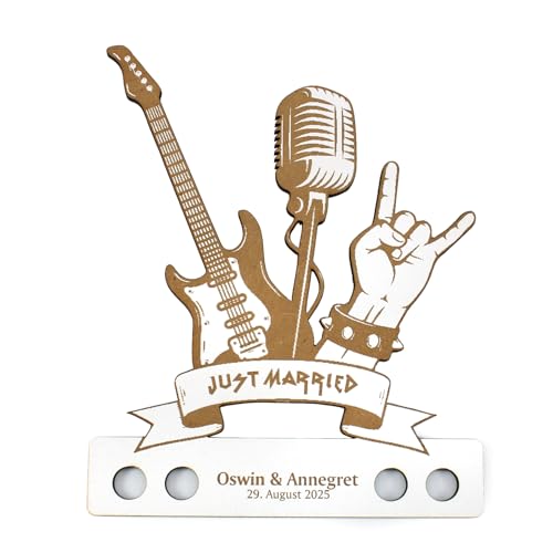 Dekolando Personalisiertes Geldgeschenk Hochzeit Rocker & Metaler - Just Married Gravur mit Namen & Datum – Rock’n’Roll Hochzeitsgeschenk Geld Geldhalter mit 4 Löchern für Geldscheine von Dekolando