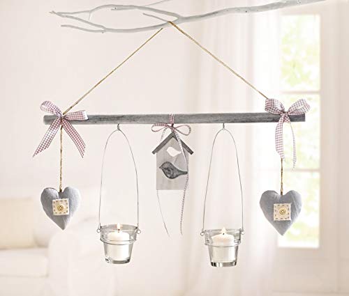 Deko-Hänger Vogelhaus grau aus Holz, 2 Glas-Windlichter & 2 Herzen, Teelichthalter, Kerzenhalter von Dekoleidenschaft