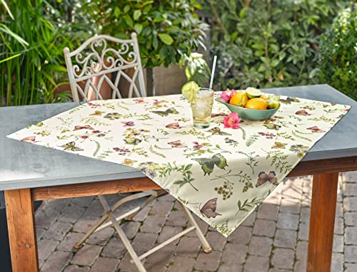 Tischdecke „Sommerwiese“ quadratisch 80 x 80 cm, Elfenbein & bunt Bedruckt mit Schmetterlingen, Blumen und Gräsern, aus pflegeleichtem Polyester, waschbar von Dekoleidenschaft