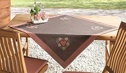 Tischdecke Alpenglück 85x85 cm, braun mit rot-weiß Karierter Borde, Bestickt mit Edelweiß-Motiv, Tischtuch, Tischwäsche von Dekoleidenschaft