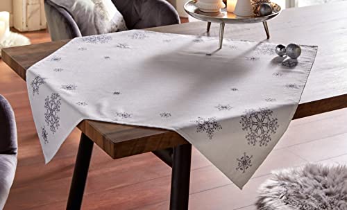 Tischdecke Schneediamanten weiß mit Schneeflocken Silber & Strass Steinen, 85x85 cm, Tischtuch von Dekoleidenschaft