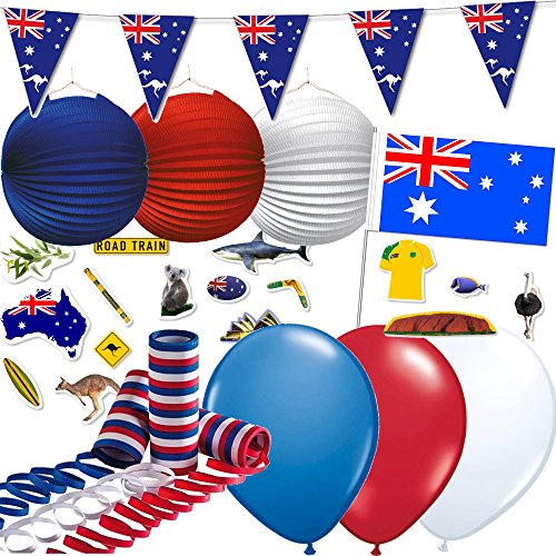 130-teiliges Dekoset * AUSTRALIEN * für eine Länder-Party // mit Wimpelkette + Flaggen + Lampion + Luftballons + Luftschlangen + Konfetti // Deko Dekoration Mottoparty Abschiedsparty von Dekospass/Carpeta