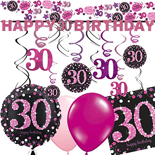 30. Geburtstag mit Deko-Set * Sparkling PINK * | 43 Teile mit Folienballon + Girlande + Deckendeko + Servietten + Konfetti + Luftballons | Dreißig Dekoration Party Set Pink Magenta Schwarz von Dekospass/Carpeta